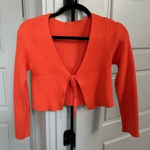 Women's Tie Front Long Sleeve Rib Knit Shrug Sweater in Orange